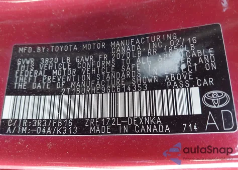 2016 Toyota Corolla Le from USA, damaged, VIN 2T1BURHE9GC614353